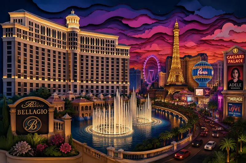 Ylellinen hotelli Las Vegas Stripillä iltavalaistuksessa