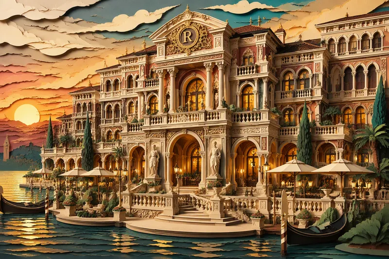 Luksushotellin julkisivu renessanssiarkkitehtuurilla hämärässä Luksushotellin julkisivu renessanssiarkkitehtuurilla hämärässä