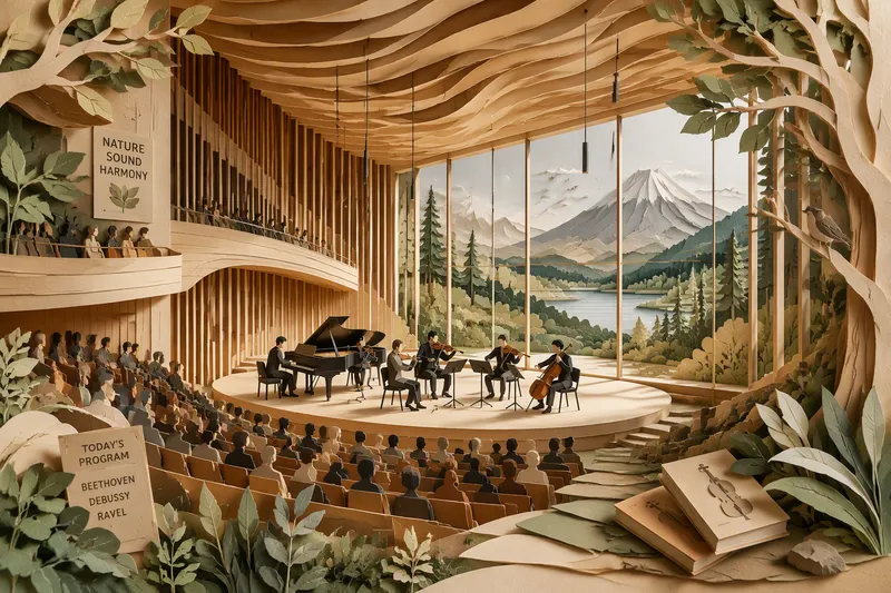 Moderni konserttisali puupinnoin ja suurin ikkunoin Moderni konserttisali puupinnoin ja suurin ikkunoin