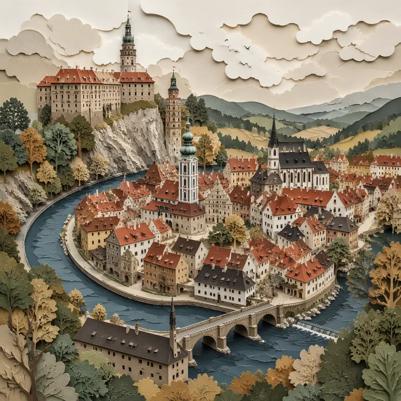 Keskiaikainen Český Krumlov ja linna joen varrella Keskiaikainen Český Krumlov ja linna joen varrella
