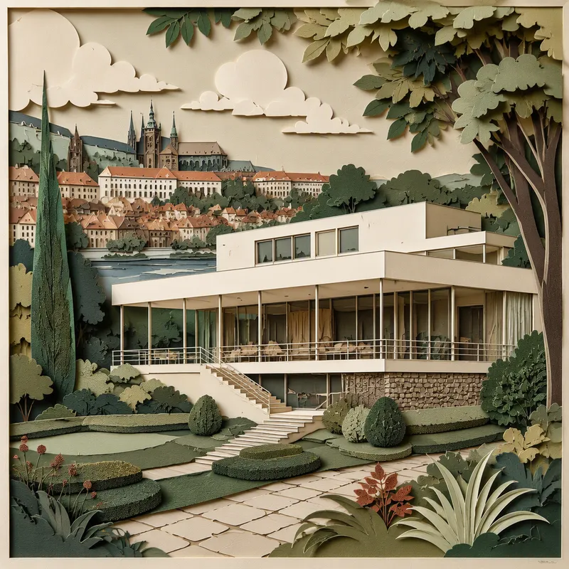 Modernistinen Villa Tugendhat vehreässä puutarhassa Modernistinen Villa Tugendhat vehreässä puutarhassa