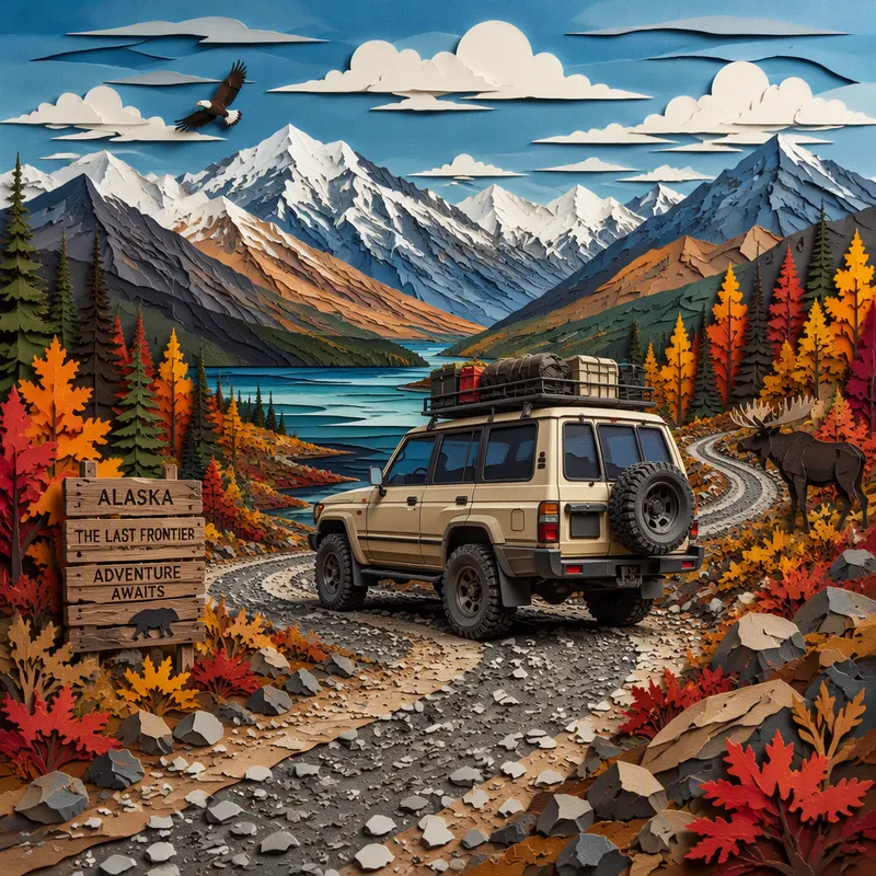 Nelivetoauto pysäköitynä Alaskan tunturitiellä Nelivetoauto pysäköitynä Alaskan tunturitiellä