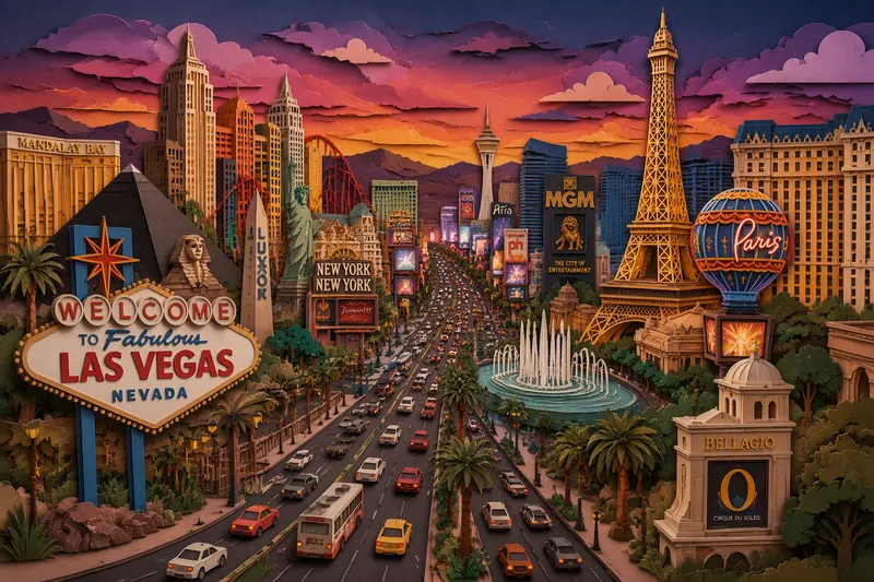 Las Vegasin Strip-katu iltavalaistuksessa Las Vegasin Strip-katu iltavalaistuksessa