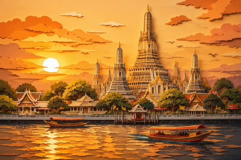 Wat Arun -temppeli Chao Phraya -joen rannalla auringonlaskun aikaan