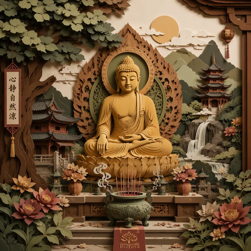 Kultainen Buddha-patsas kukkien ja suitsukkeiden keskellä