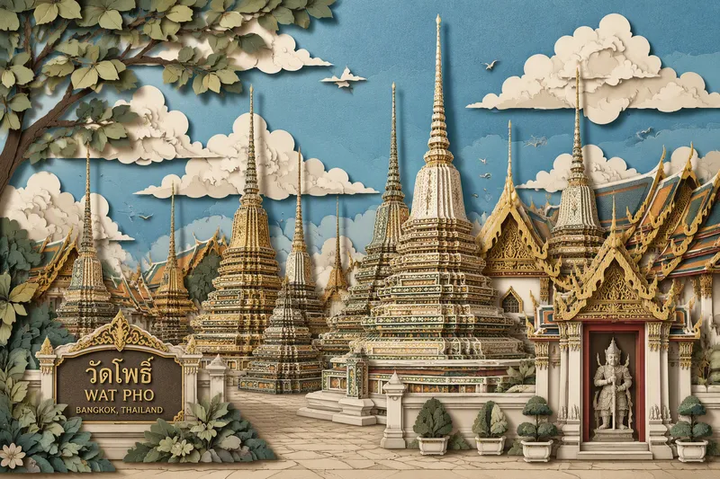 Wat Pho-temppelin kultaiset tornit ja arkkitehtuuri Wat Pho-temppelin kultaiset tornit ja arkkitehtuuri
