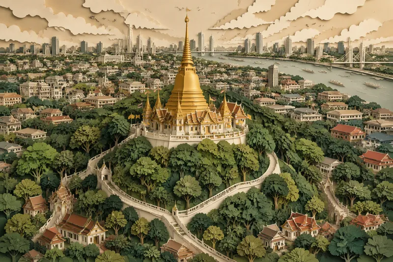 Kultainen chedi-torni kukkulan huipulla Bangkokissa