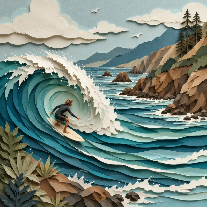 Surffaaja ratsastamassa suurella aallolla valtamerellä