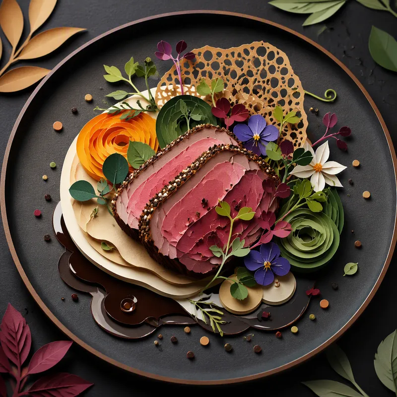 Taiteellisesti aseteltu moderni gourmet-annos tummalla lautasella